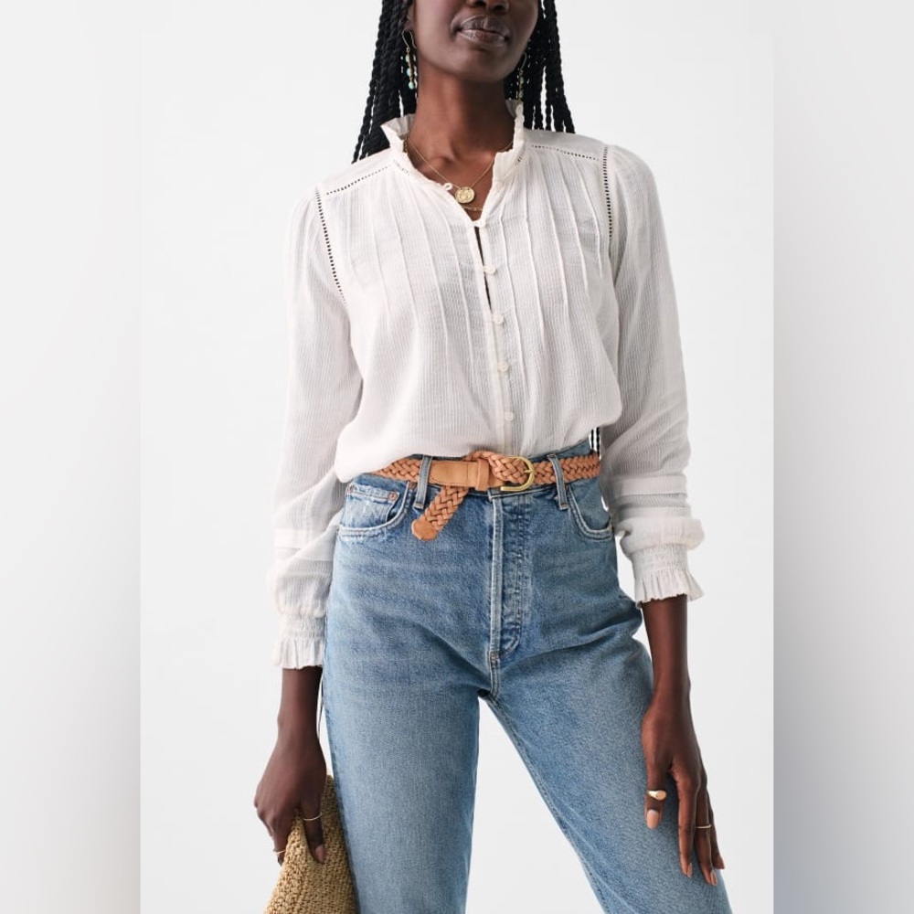 Faherty Willa Button Front Organic Cotton Ruffle Collar Embroidered White Top 22 - Picture 8 of 11